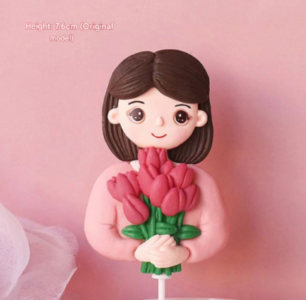 1 pcs Mom Lady holding flowers cake topper Style 2
